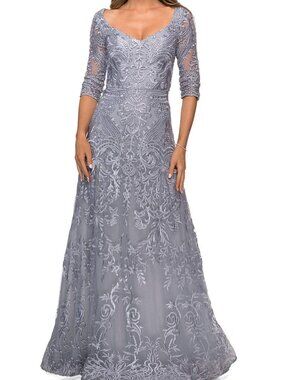 NWT La Femme 27949 Mother of the Bride Embroidered Lace Gown Silver Size 8
